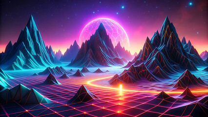Wall Mural - Digital Neon Glowing Desert Mountain Landscape In Vibrant Futuristic Night Design  