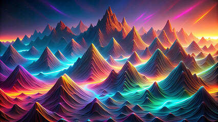 Wall Mural - Dreamlike Digital Art Of Layered Neon Mountains In Futuristic Vibrant Landscape  