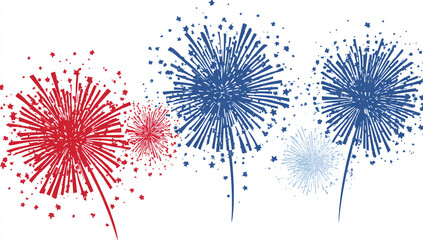 Red, white, and blue fireworks exploding in the night sky isolated on white background