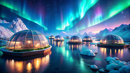 Wall Mural - Floating icebergs eco retreat with self sustaining glowing structures
