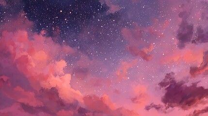 Wall Mural - close up of twilight sky with pink clouds and stars.