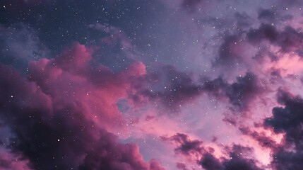 Wall Mural - close up of twilight sky with pink clouds and stars.