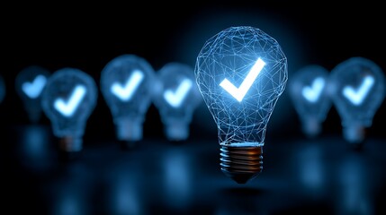 creative blue light bulb glowing among check marks arranged in a pattern with glowing abstract shapes representing ideas and innovation in a digital space.