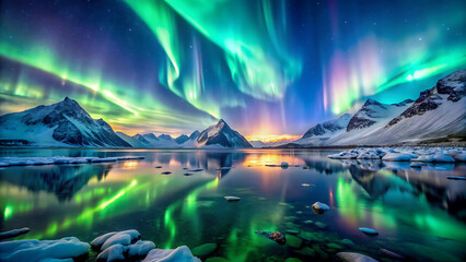 Wall Mural - Hyper detailed glowing aurora lights reflecting on icy fjords
