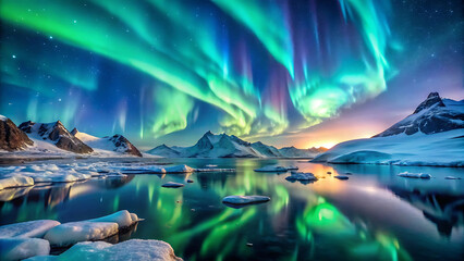 Wall Mural - Magical glowing aurora lights above icy fjords at twilight