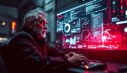 Senior Man Monitoring Data on Futuristic Computer Screen