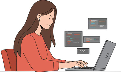 Young woman programmer at work on laptop coding