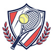 © MstRabeka - Tennis racket and ball emblem with laurel wreath on white background shield