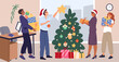 © VectorBum - Office employees decorate Christmas tree with toys and gifts. Colleagues celebrating Christmas or New Year at work. Man putting star on fir. Woman carrying Xmas presents. Vector concept