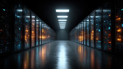 Row of servers in a dark data center illuminate the central walkway with reflection