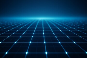 Wall Mural - futuristic grid floor with glowing blue light points forming a digital abstract background under a d