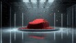 © Silard - Sports car concealed under glossy red silk cover on wide luxury stage with neon lighting, metallic confetti falling, reflective gray-blue hall, dramatic and high-end automotive presentation