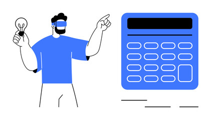 Man with lightbulb pointing at calculator with large buttons and screen. Ideal for innovation, finance, technology, education, problem-solving, strategy, and conceptual thinking. Simple flat metaphor