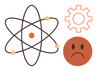 Abstract atom diagram, sad face, and gear symbol combine science, emotion, and technology themes. Ideal for education, innovation, feelings problem-solving research energy productivity. Simple