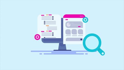 Interface displays code scripts and website functions in split screen view, using magnification tool for detailed UI analysis.