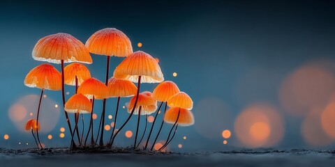 Wall Mural - Surreal cluster of glowing orange mushrooms illuminating a magical forest floor with fantastical light and bokeh
