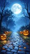 © steve - Creepy forest cobblestone path with pumpkins, gothic Halloween image. Pumpkins, Jack-O-Lanterns. Spooky Halloween Background, banner, poster.