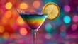 © Blue Rain - Rainbow-colored cocktail in a martini glass with a lemon slice on a colorful background, with a bokeh effect