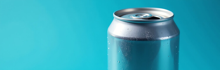 sleek silver aluminum beverage glistens condensation droplets vibrant blue background lit soft diffused daylight