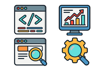 Web development and SEO icons set. Vector cartoon illustration of coding, analytics, search optimization, and settings gear with magnifying glass, transparent background