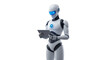 © Andrei - Isolated humanoid robot interacting with tablet, a futuristic artificial intelligence concept