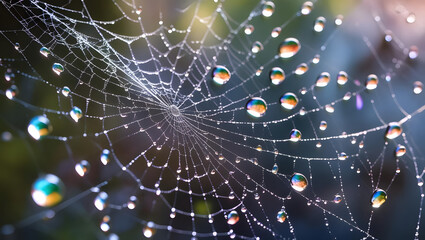 Spider web with colorful dew drops in sunlight water droplets