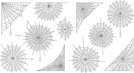 Delicate spiderwebs in various corner and circular designs, perfect for Halloween or spooky themes.