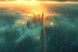 © Dionisim - Sun shines through city in the sky.