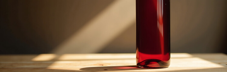 Wall Mural - richly colored red wine bottle stands minimalist wooden table lit soft overhead light subtle reflections glass surface
