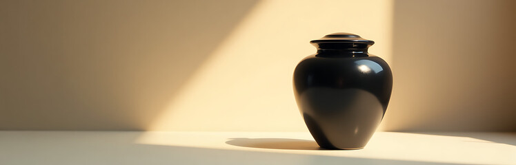 Wall Mural - minimalist black ceramic urn subtle sheen sits atop delicate silver stand bathed warm golden light sparse yet