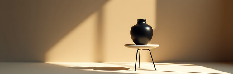 Wall Mural - minimalist black ceramic urn subtle sheen sits atop delicate silver stand bathed warm golden light sparse yet