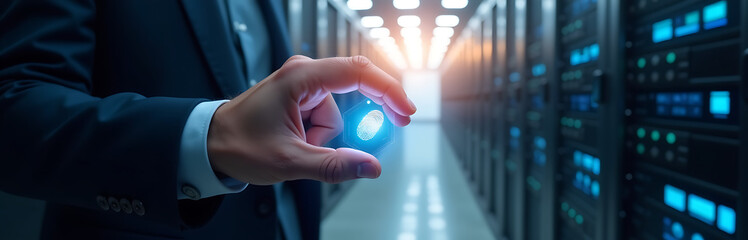 Wall Mural - man fingers hover sleek fingerprint scanner illuminated soft blue light sprawling data center hums b