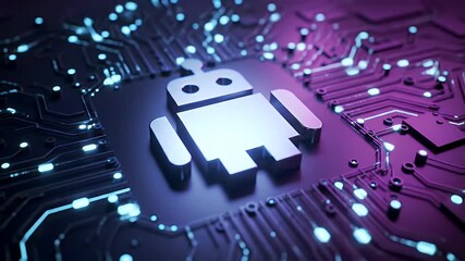 A metallic Android robot icon is centrally placed on a detailed circuit board.