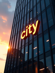 Wall Mural - sleek modern city logo emblazoned dark glass skyscraper facade shines brightly warm glow setting sun golden light