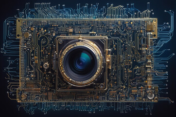 Wall Mural - Cybernetic Camera Lens on Circuit Board. Generative AI.
