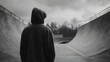 © MdEmran - Teenager in hoodie standing at skatepark contemplating future adventures, moody monochrome scene outdoors