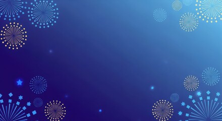 Abstract background with blue and gold fireworks exploding against a gradient blue sky with bokeh effect and stars