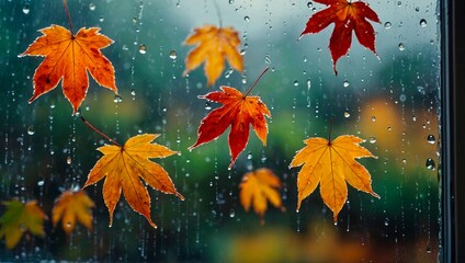 Wall Mural - A close-up view of a rain-soaked window with droplets of water clinging to the glass and vibrant red orange and yellow fallen maple leaves. Rainy autumn fall weather season background illustration.