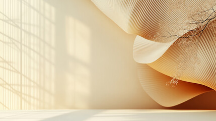 Wall Mural - minimalist beige and cream background with elegant wavy forms and a small tree branch. a serene and 