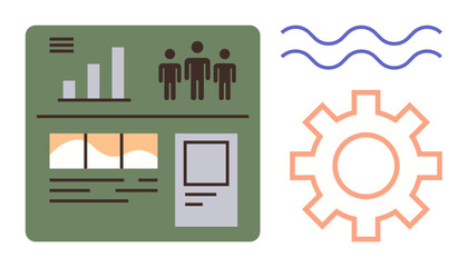 Dashboard layout featuring bar graph, user demographics, imagery, text panel, settings gear, and wave lines. Ideal for data management, analysis, demographics automation interface design