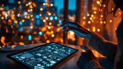 Person using tablet with futuristic interface at night with city lights bokeh background.