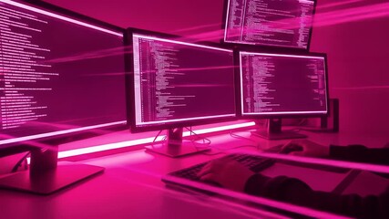 Multiple monitors displaying code in a dark room with pink lighting.