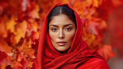 Canvas Print - portrait of a woman with a red headscarf. autumn hues create a warm and inviting backdrop.