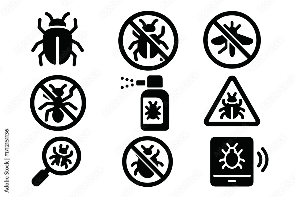 Pest control icon set. Bug alert and insect prevention solid glyph ...