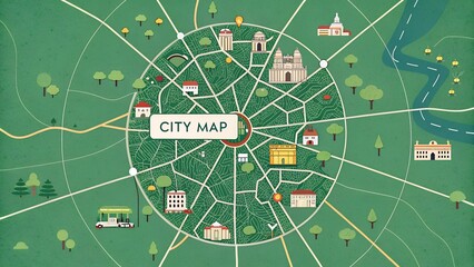 Radial city map, green background.
