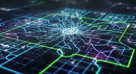 Abstract digital circuitry with glowing nodes and lines