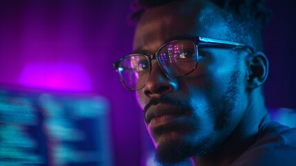 Focused African American man wearing glasses with a screen reflection under neon lighting, concept for software development, cybersecurity and tech innovation
