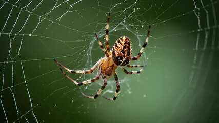 Close-up of a spider weaving its intricate web in a lush green environment, showcasing nature's artistry