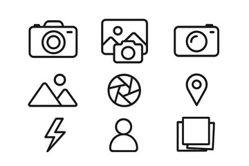 Minimalist camera and photography line icon set. Modern vector symbols for web design, mobile app interface. Includes photo gallery, location, user, flash, and aperture icons.