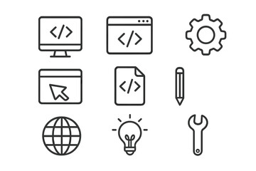 Programming and web development icon set. Minimalist outline style vector icons for UI UX design. Code, settings, browser, and tool symbols for software app development.